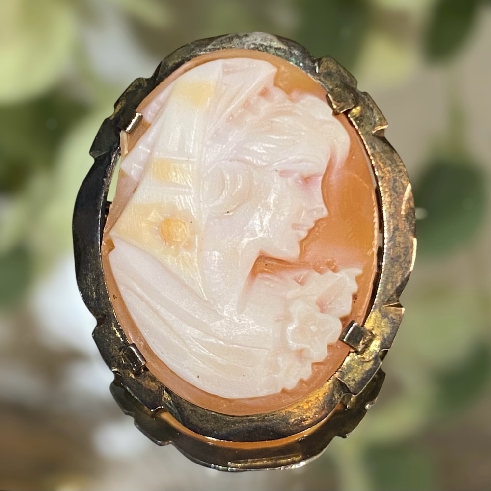Antique Victorian Cameo Hand Carved Shell Brooch Pendant Silver